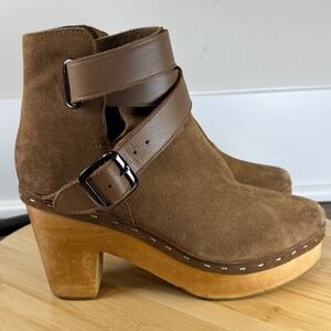 Free People Clog Boots Women 36 Brown Good Suede Wood Platform Wrap Strap